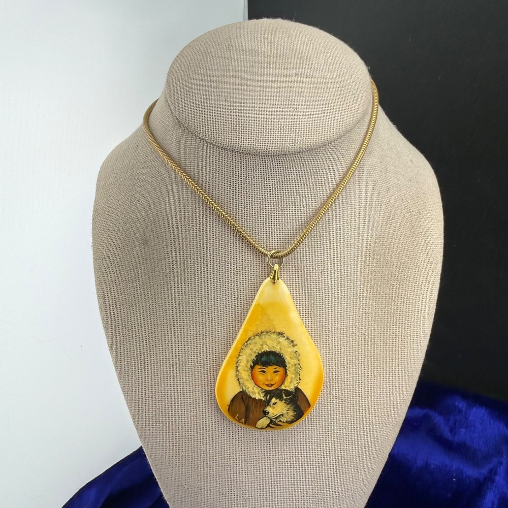 Vintage Western Germany Necklace Gold Tone Hand-painted Eskimo 24"